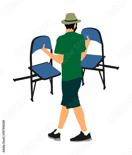 Delivery service moving transport, worker carrying chairs vector illustration. Handyman job. Distribution and procurement. Hipster boy moving after party. 