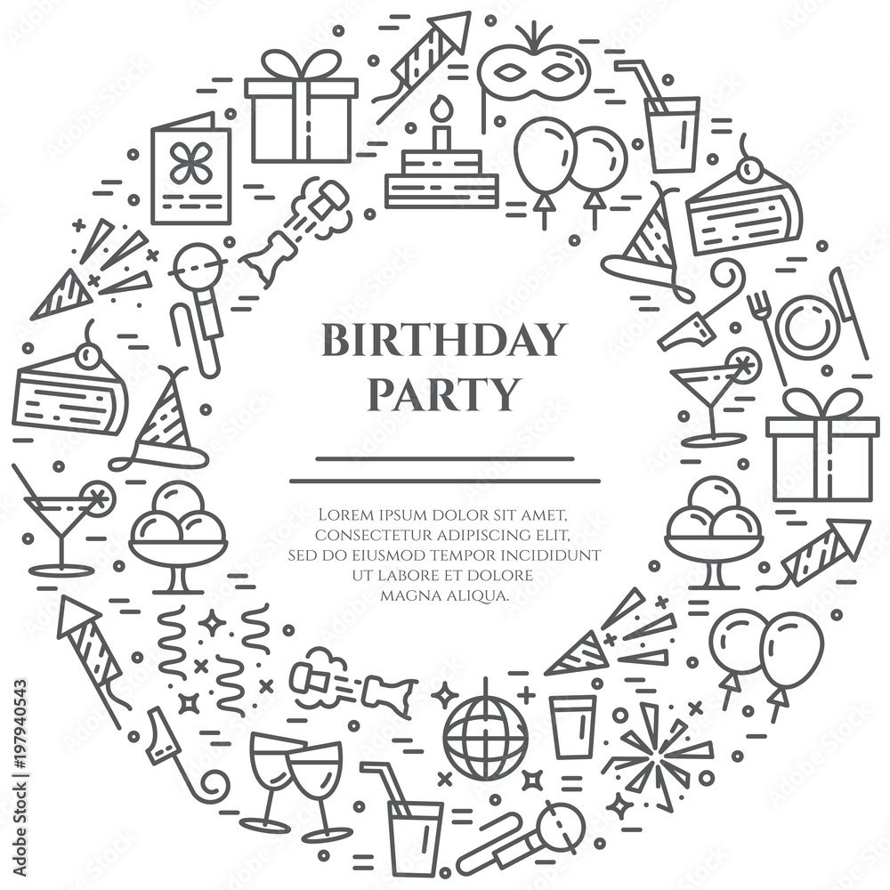Birthday party theme banner consisting of line icons with editable stroke in form of circle with copy space.