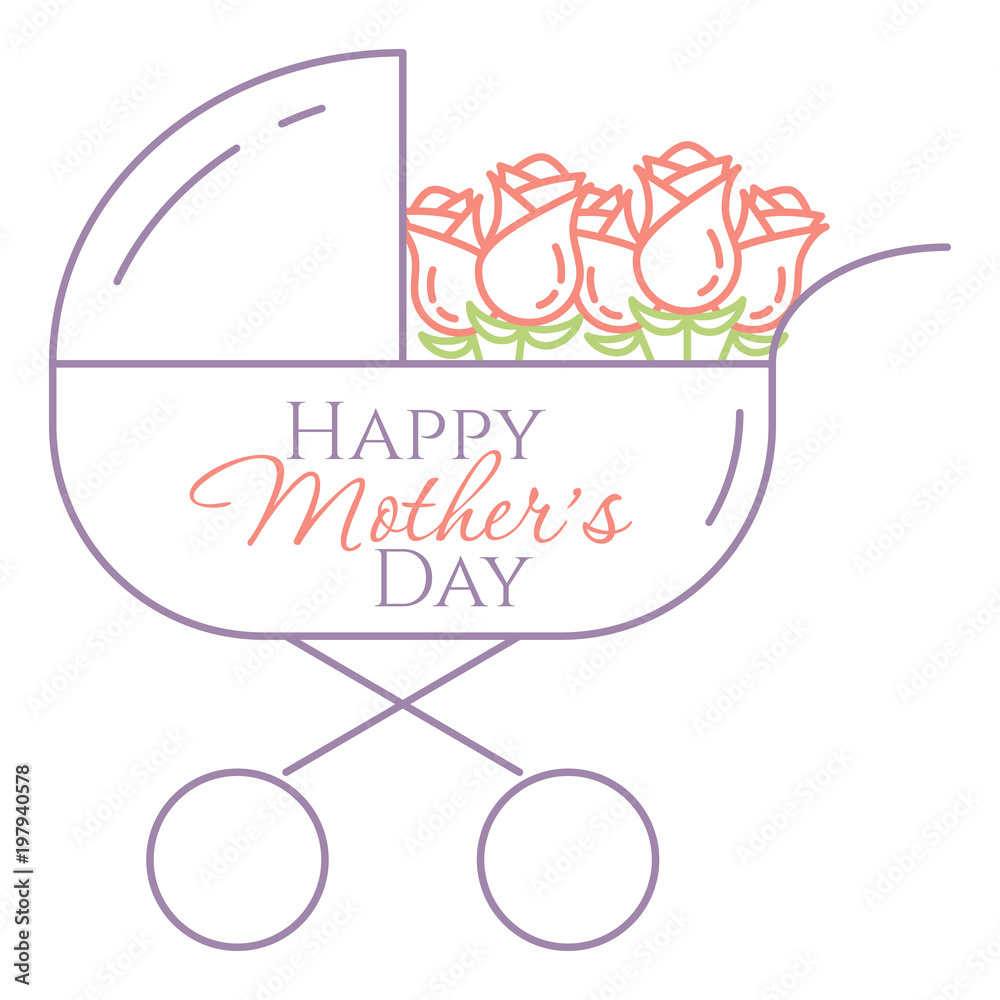 Obraz premium Baby pram with roses inside isolated on white background - minimalistic mothers day concept with line elements of stroller with sign on it and bouquet of pink flowers.