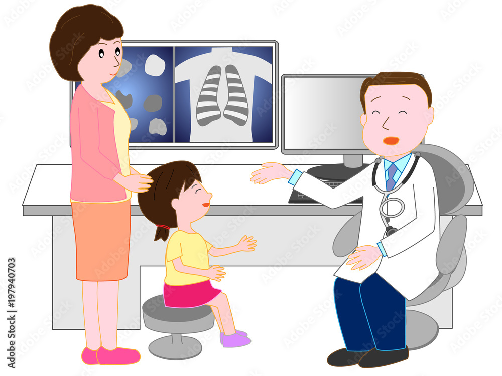 病院で診察を受ける子供。母親が付き添っている。