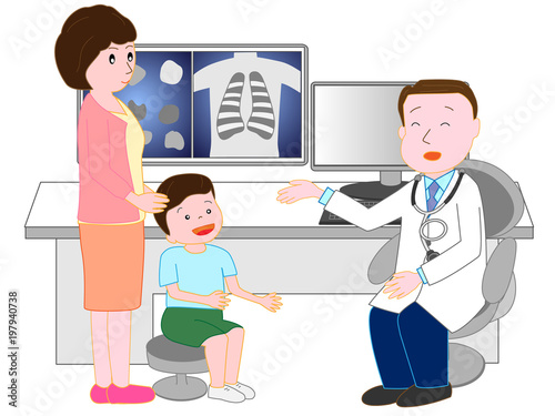 病院で診察を受ける子供。母親が付き添っている。