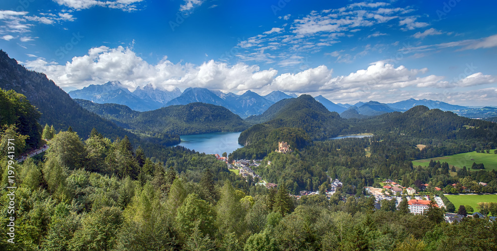 The view from the balcony of Neuschwanstein Castle. HDR