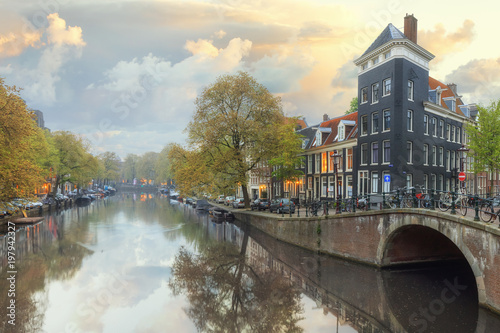 Canals of Amsterdam. Moody panorama of Rossebuurt district