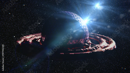 Fototapeta Naklejka Na Ścianę i Meble -  UFO, alien spaceship in outer space, flying towards a bright star