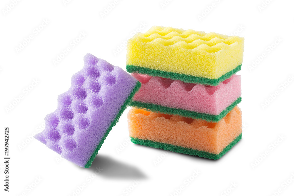 Sponge for cleaning on white isolated white background. Items for cleaning the house. The idea of hygiene, safety and cleanliness.