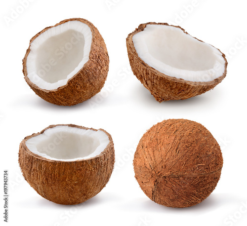 Coconuts isolated on white background. Collection.