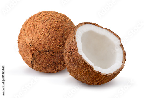 Coconut isolated on white background. Whole and half