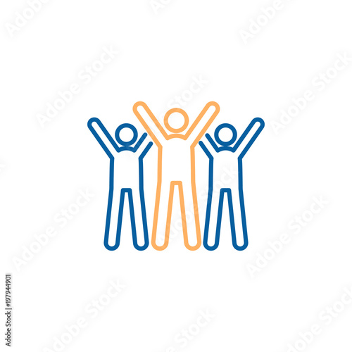 Characters celebrating. Vector trendy thin line icon illustration design. Teamwork success, business partnership strategy, charity volunteers.