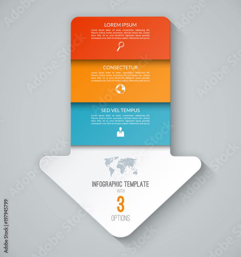 Infographic template in the form of an arrow pointing down. Business concept with 3 steps, options. Can be used for workflow layout, diagram, chart, graph, web design. Vector illustration