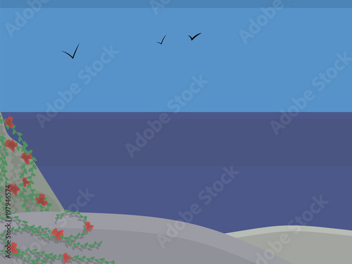sea landscape with red flowers on a stony shore, blue sky sea gulls colorful illustration