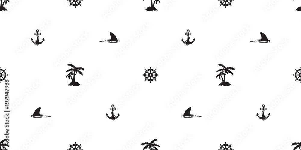 anchor shark seamless pattern vector helm boat coconut palm tree island nautical sea ocean isolated tropical wallpaper