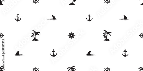 anchor shark seamless pattern vector helm boat coconut palm tree island nautical sea ocean isolated tropical wallpaper