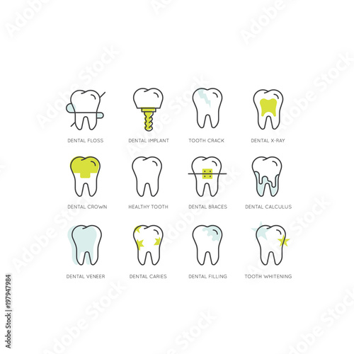 Isolated Vector Style Illustration Logo Set Badge or Dental Care and Disease, Treatment Concept, Tooth Cure Orthodontics and Surgery