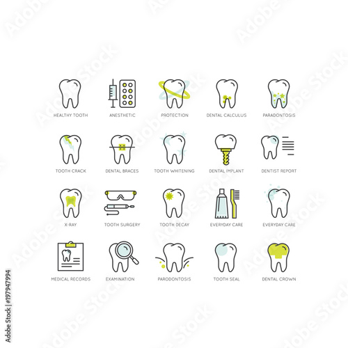 Isolated Vector Style Illustration Logo Set Badge or Dental Care and Disease, Treatment Concept, Tooth Cure Orthodontics and Surgery