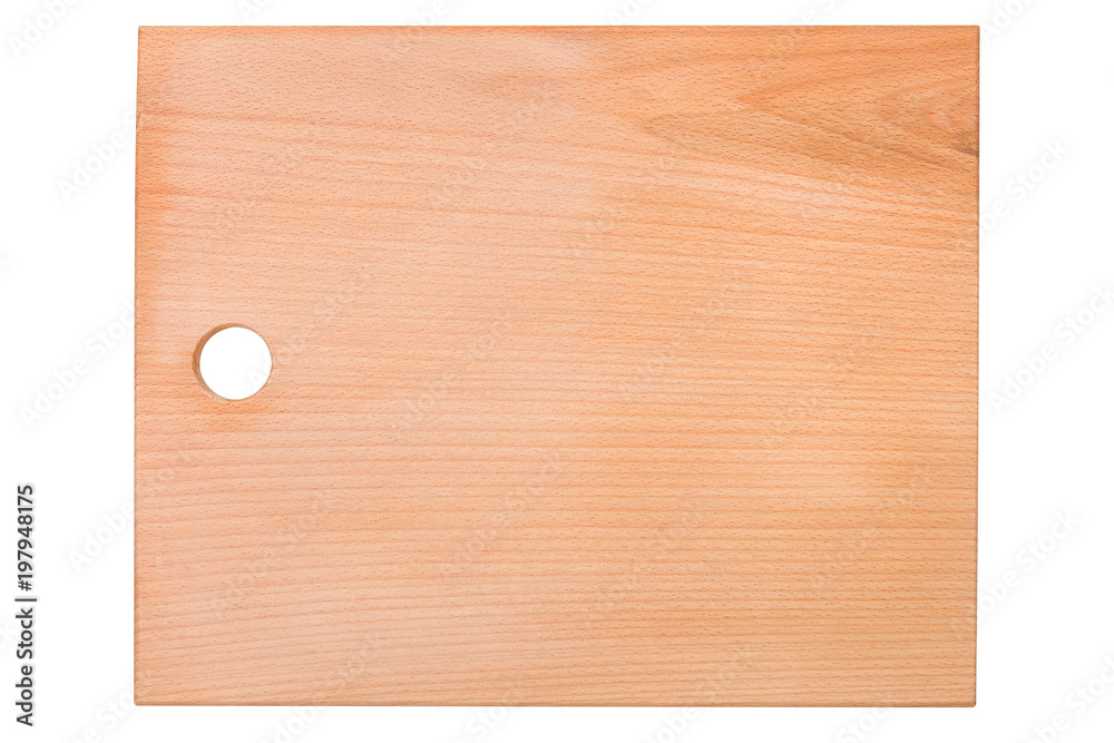 Naklejka premium wooden wide cutting board, beech tree, new board on white background