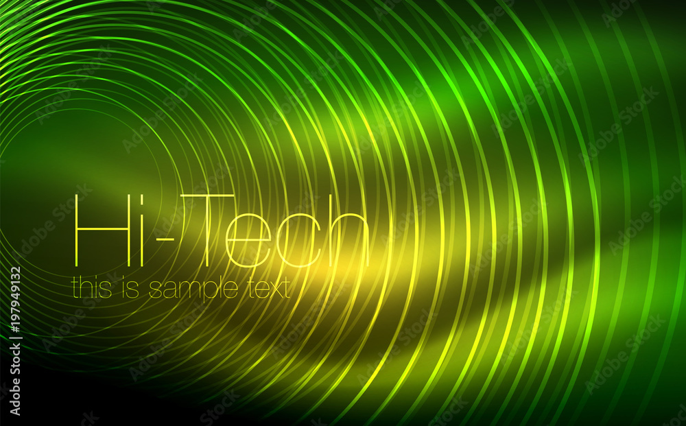 Circular glowing neon shapes, techno background. Abstract shiny transparent circles on dark technology space Circular glowing neon shapes, techno background. Abstract shiny transparent circles on dark technology space