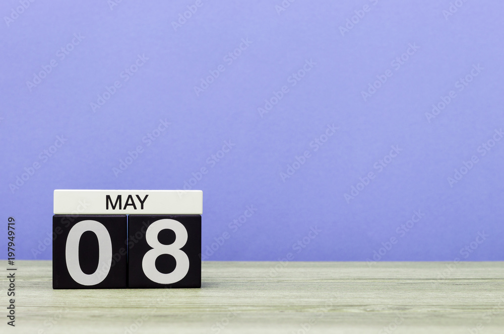 May 8th. Image of may 8 wooden color calendar on blue background. Spring day, empty space for text. World Red Cross and red Crescent Day May 8th. Image of may 8 wooden color calendar on blue background. Spring day, empty space for text. World Red Cross and red Crescent Day