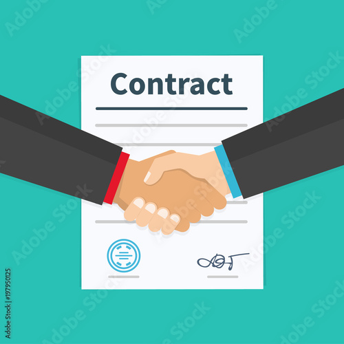 Business partner handshake of business partners deal contract meeting. Concepts for web banners, websites, printed materials, infographics. Flat design, vector illustration on background.