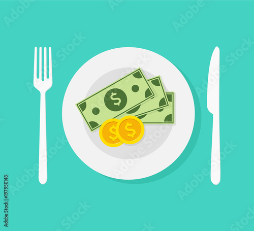 Money in plate. Saucer with payment. Gratuity concept. Cash payment. Flat design, vector illustration on background.