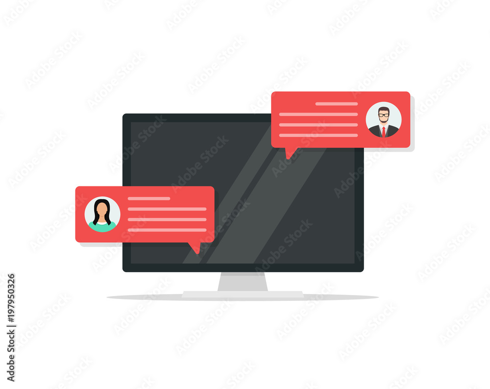 Computer with customer review rating messages , flat cartoon design of desktop pc display and online reviews or client testimonials, feedback, rating stars. Flat design, vector illustration.