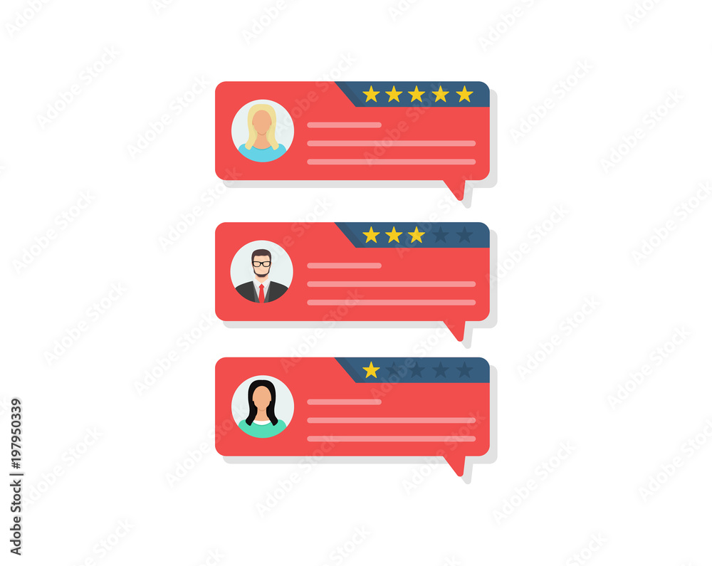 Fototapeta premium Customer review rating messages, online reviews or client testimonials, feedback, rating stars. Flat design, vector illustration.