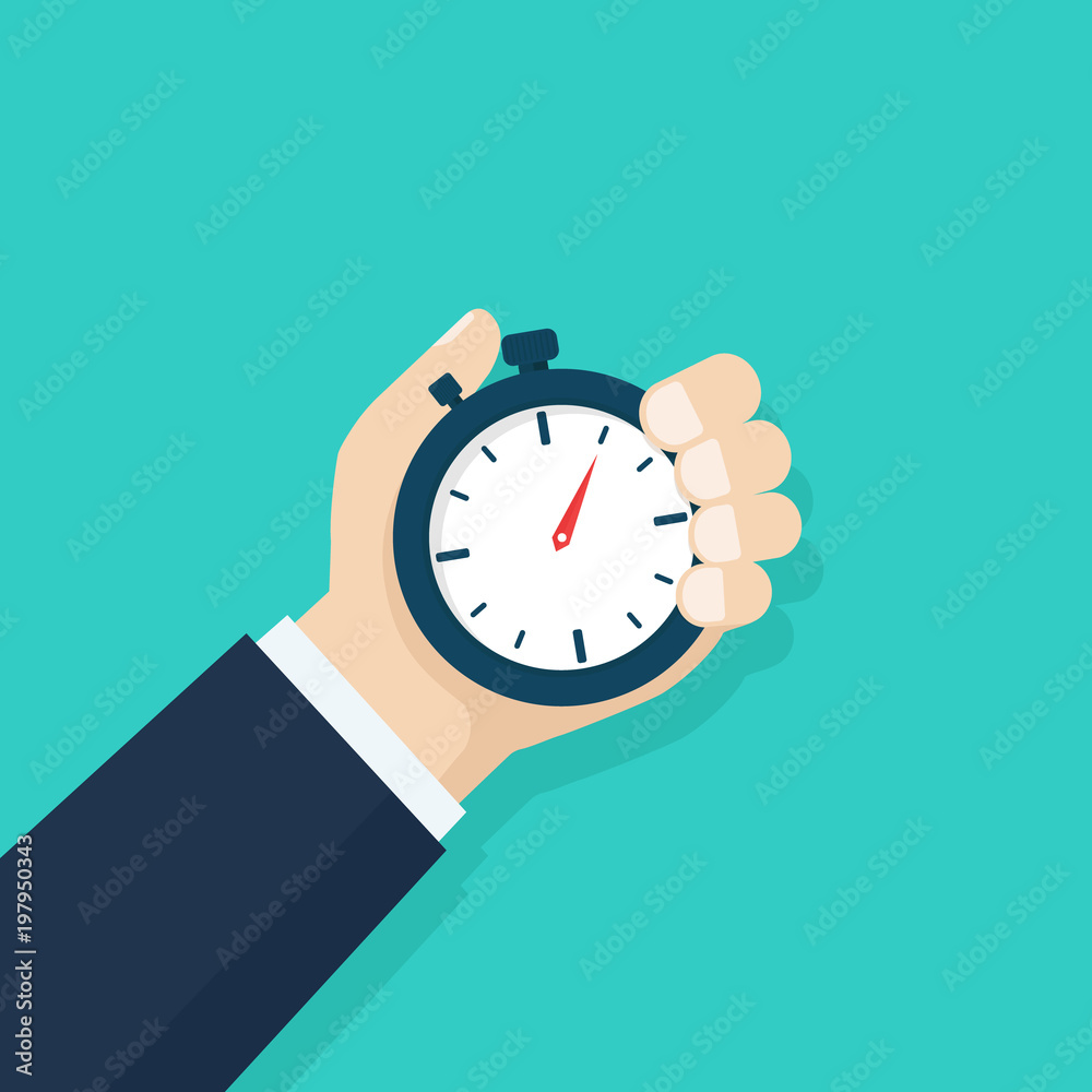 Man hand holding stopwatch. Time management concept. Sport time. Time control, planning. Flat design, vector illustration on background. Man hand holding stopwatch. Time management concept. Sport time. Time control, planning. Flat design, vector illustration on background.