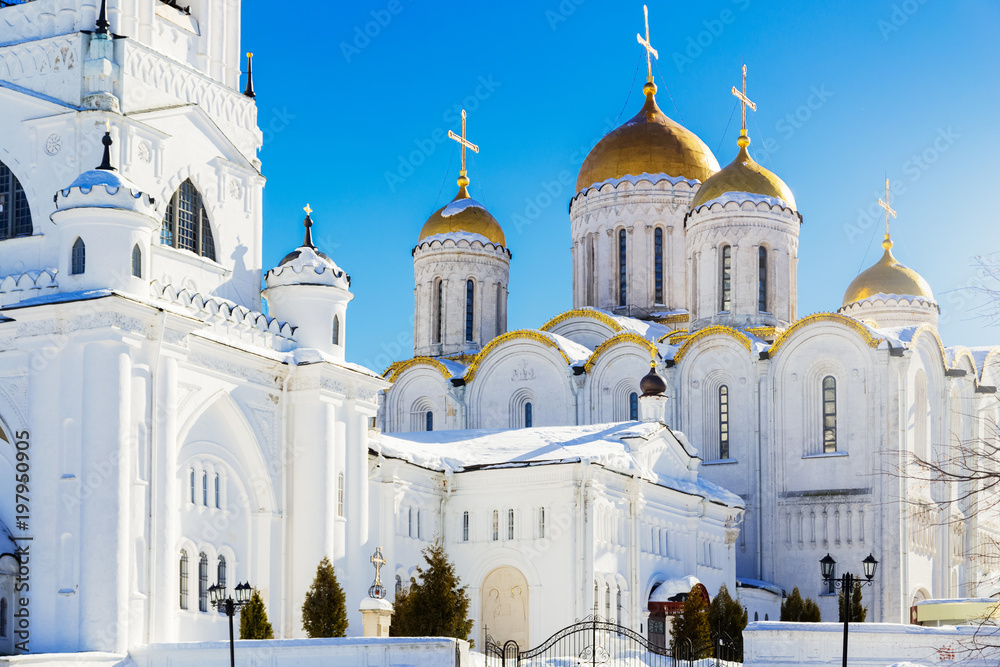Dormition Cathedral. Famous landmark church in Vladimir city, Russia at winter - obrazy, fototapety, plakaty 