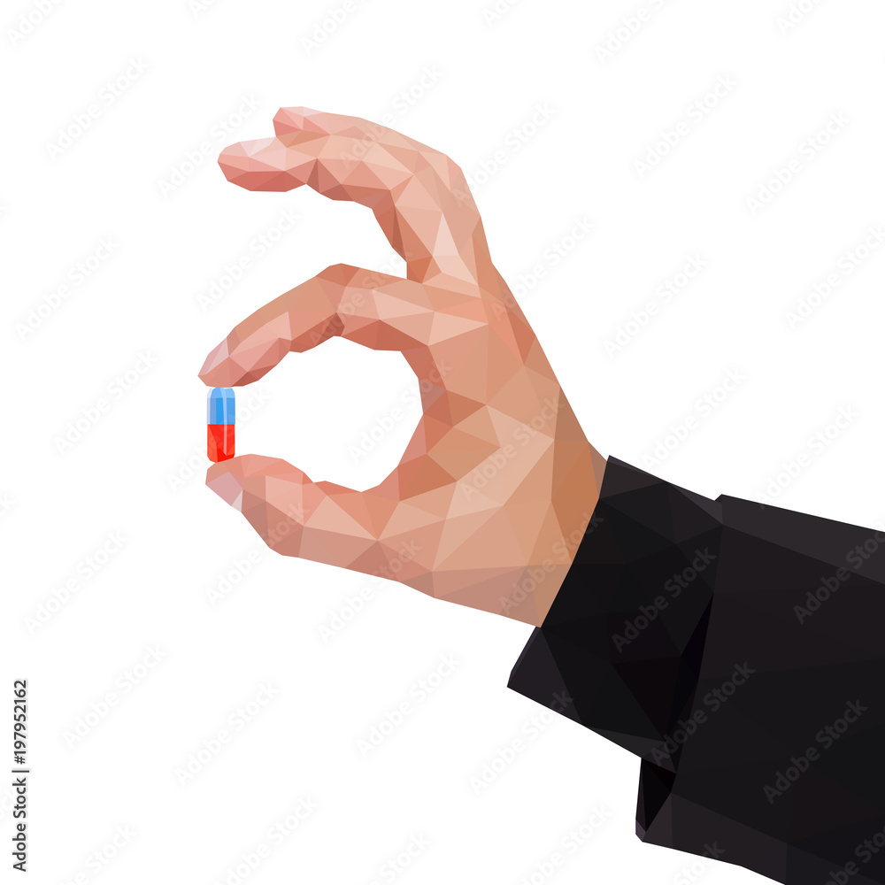 Fototapeta premium Male polygonal arm holds between two fingers a capsule