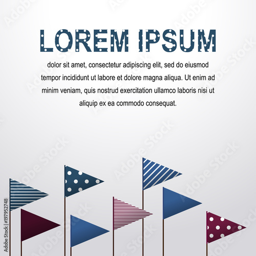 Flags Vector illustration Triangular multicolored flags with different patterns raised on flagpoles against white background Illustration in realistic style with copy space