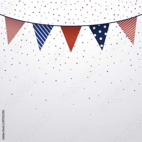 Garland flags Vector Bright vintage garland with big triangular flags with different patterns is hanging on white background with colorful confetti Illustration in realistic style with copy space