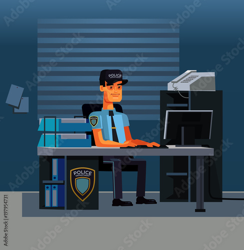 Thinking police officer detective character worker at computer in office police department. Crime investigation concept. Vector flat cartoon illustration