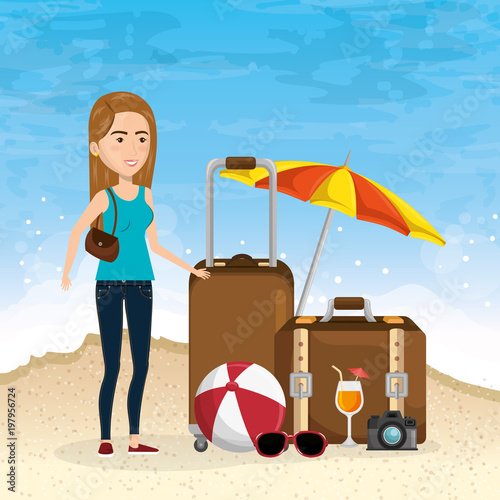 girl in the beach with summer vacations icons vector illustration design