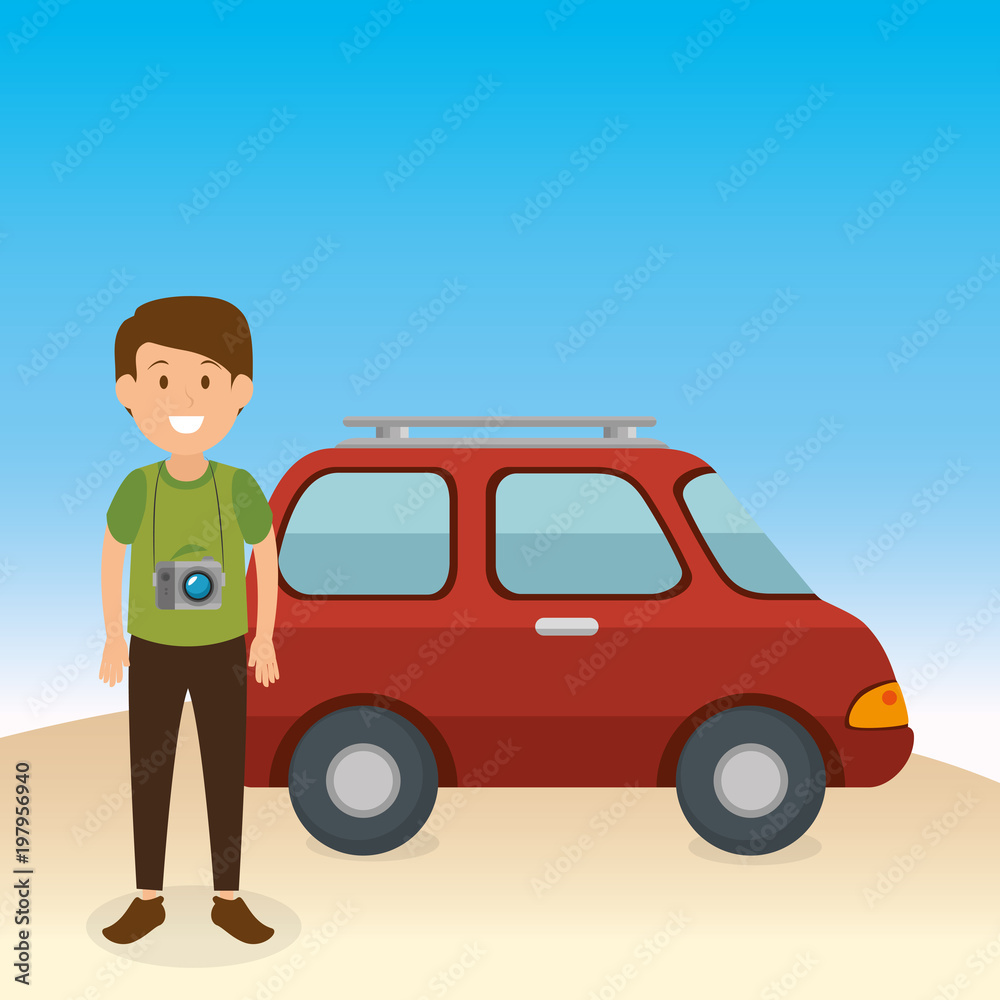 young man on the beach summer vacations vector illustration design
