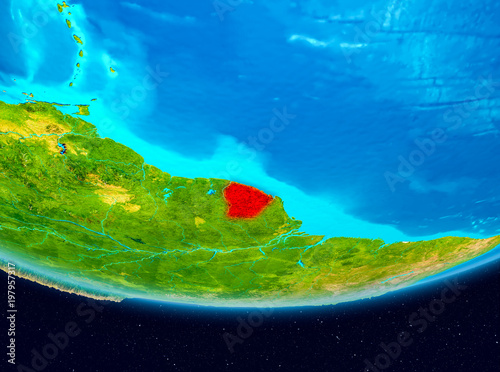 Satellite view of French Guiana in red