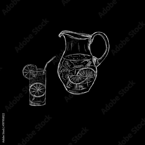 sketch of a decanter of a glass of lemonade