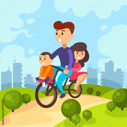 family rides a bicycle. family holiday. vector cartoon illustration