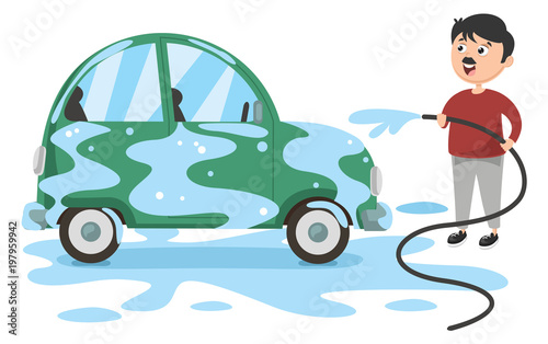 Vector Illustration Of Man Washing Car