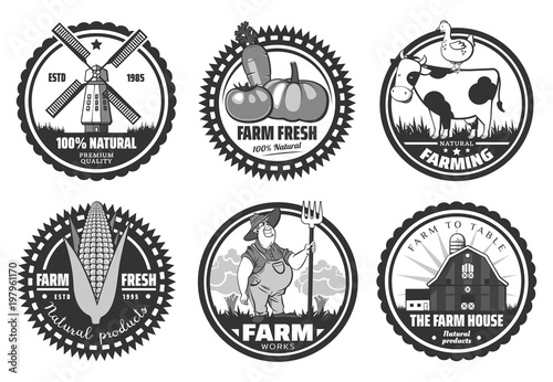 Vector set of farm fresh logotypes. Organic premium quality products emlem badges collection. Eco food signs. agricultural equipment labels.