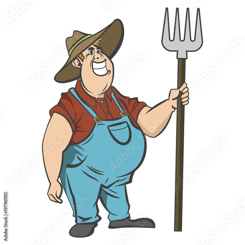 Vector illustration of funny fat cartoon farmer. Cute isolated agrarian man, hat, forks illustration isolated on white background.