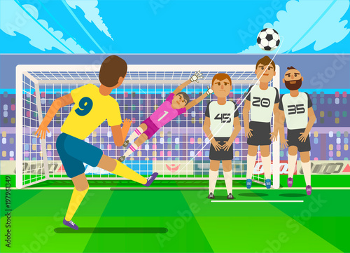 Football player kicking penalty. Vector illustration of football player kicking penalty to gate of opposite team.