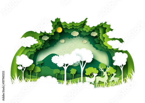 Save the world with ecology and environment conservation concept.Green forest and deers wildlife with nature background layers paper art style.Vector illustration.