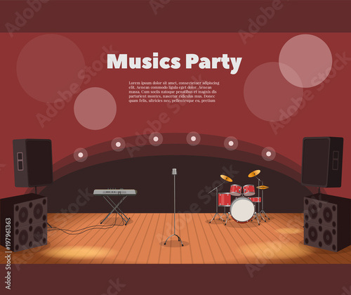 Stage and musics party banner. Vector illustration of stage with instruments and music party banner.