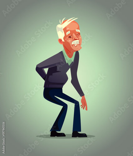 Old man grandpa character have back pain. Osteoporosis retirement suffering concept. Vector flat cartoon illustration