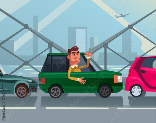 Angry mad businessman office worker character standing in traffic jam late to work job and showing obscene gesture. Vector flat cartoon illustration