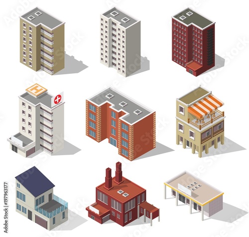 Big set low poly vectors of isometric illustration city street house facades, factory, cafe, school, hospital.