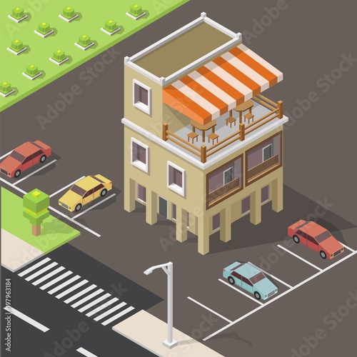 Isometric vector low poly cafe restaurant buildings shop