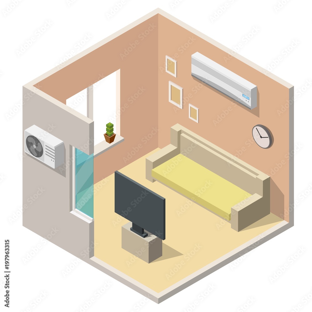 Isometric air conditioning system climate control low poly living room interiors vector set Isometric air conditioning system climate control low poly living room interiors vector set
