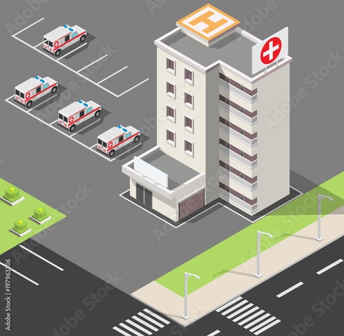 Vector hospital facades landscape low poly isometric illustration city medical center.