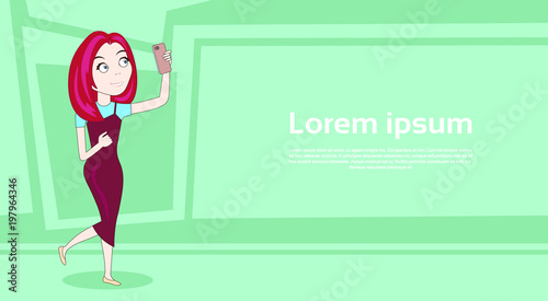 Young Girl Use Smart Phone For Selfie Photo Posing Take Self Portrait Over Background With Copy Space Vector Illustration