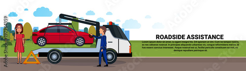 Roadside Assistance Towing Broken Car Over Driver Woman Calling In Insurance Service Horizontal Banner Flat Vector Illustration